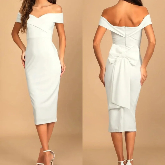 NWOT Lulus Cordially Invited‎ White Off-the-Shoulder Bow Back Midi Dress - Picture 1 of 8